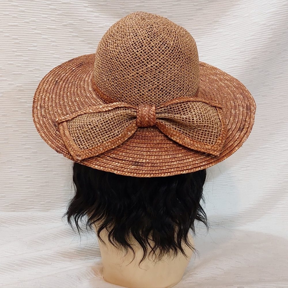 Vintage Brown Woven Straw Hat with Bow